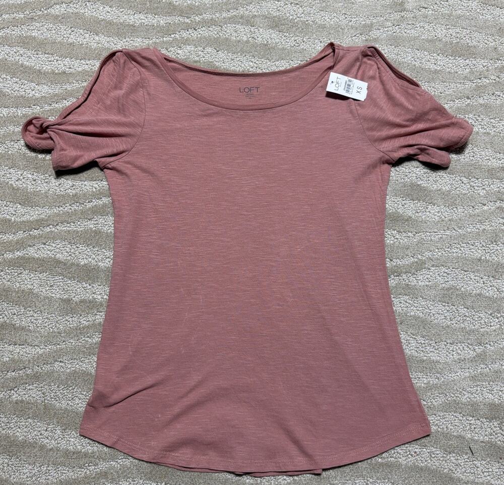 ANN TAYLOR Factory Women’s Pink Detail Knot Short Sleeve Top Size XS NWT